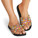 Colorful Candy Pattern Print Black Slide Sandals