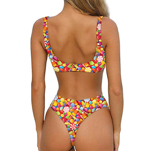 Colorful Candy Pattern Print Front Bow Tie Bikini
