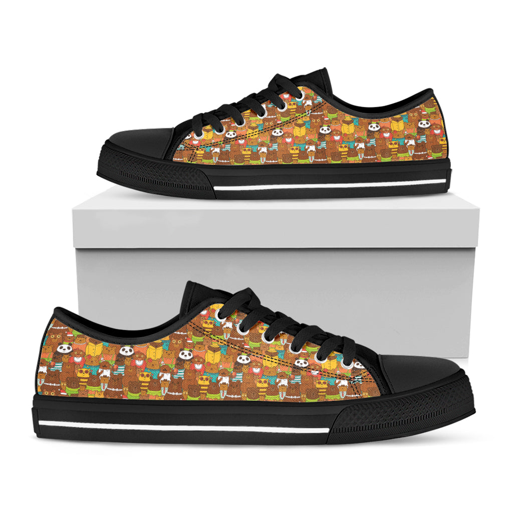 Colorful Cartoon Baby Bear Pattern Print Black Low Top Shoes