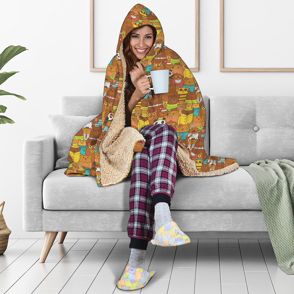 Colorful Cartoon Baby Bear Pattern Print Hooded Blanket