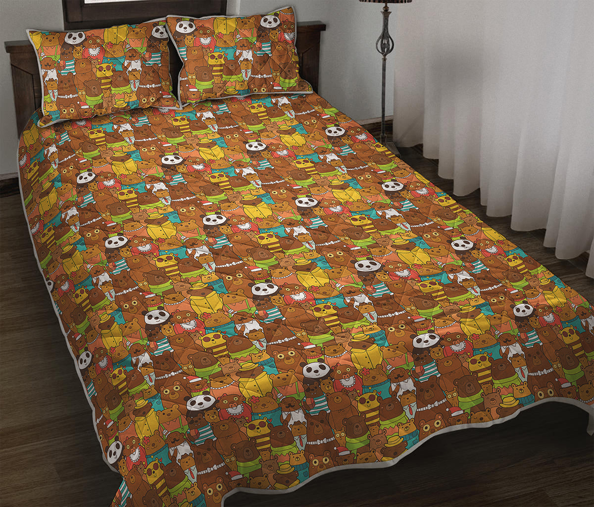 Colorful Cartoon Baby Bear Pattern Print Quilt Bed Set