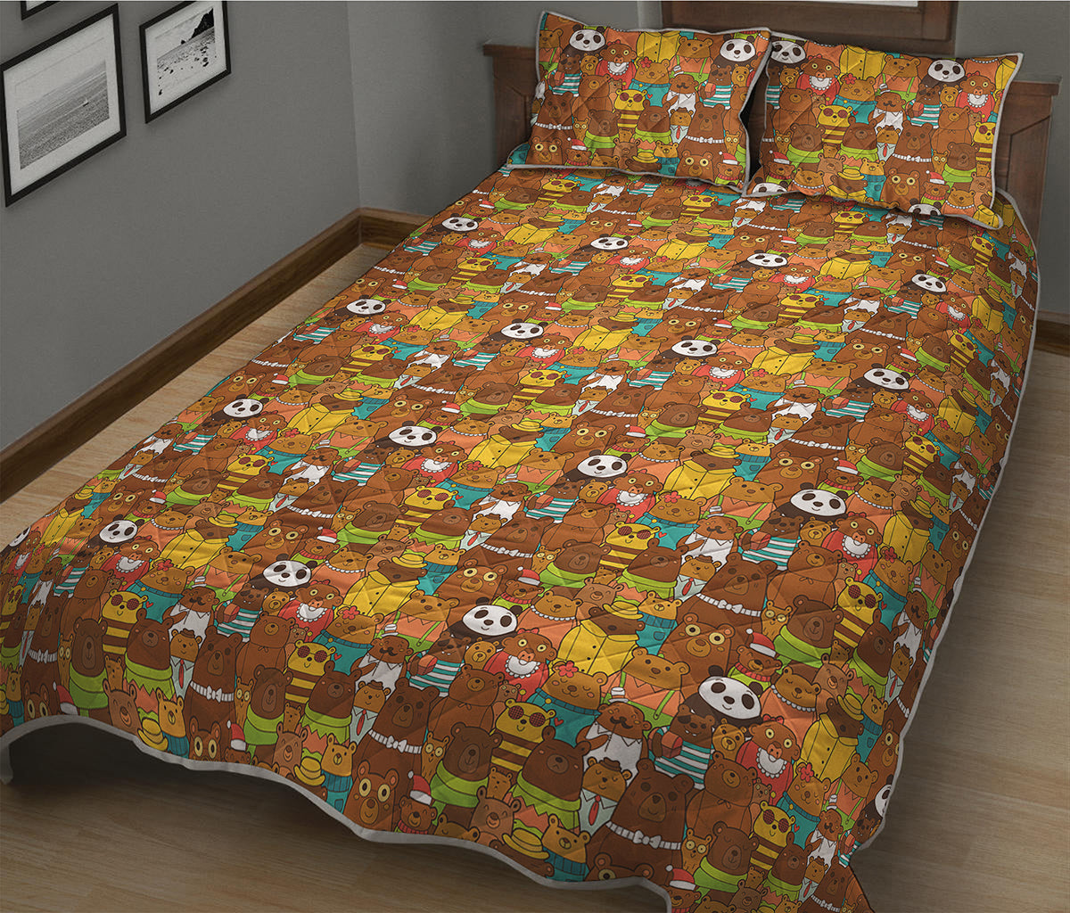 Colorful Cartoon Baby Bear Pattern Print Quilt Bed Set