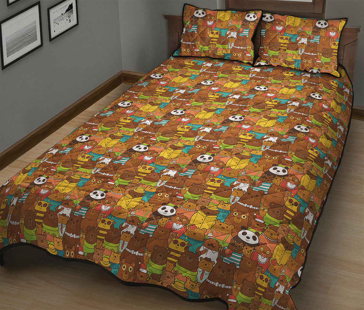Colorful Cartoon Baby Bear Pattern Print Quilt Bed Set