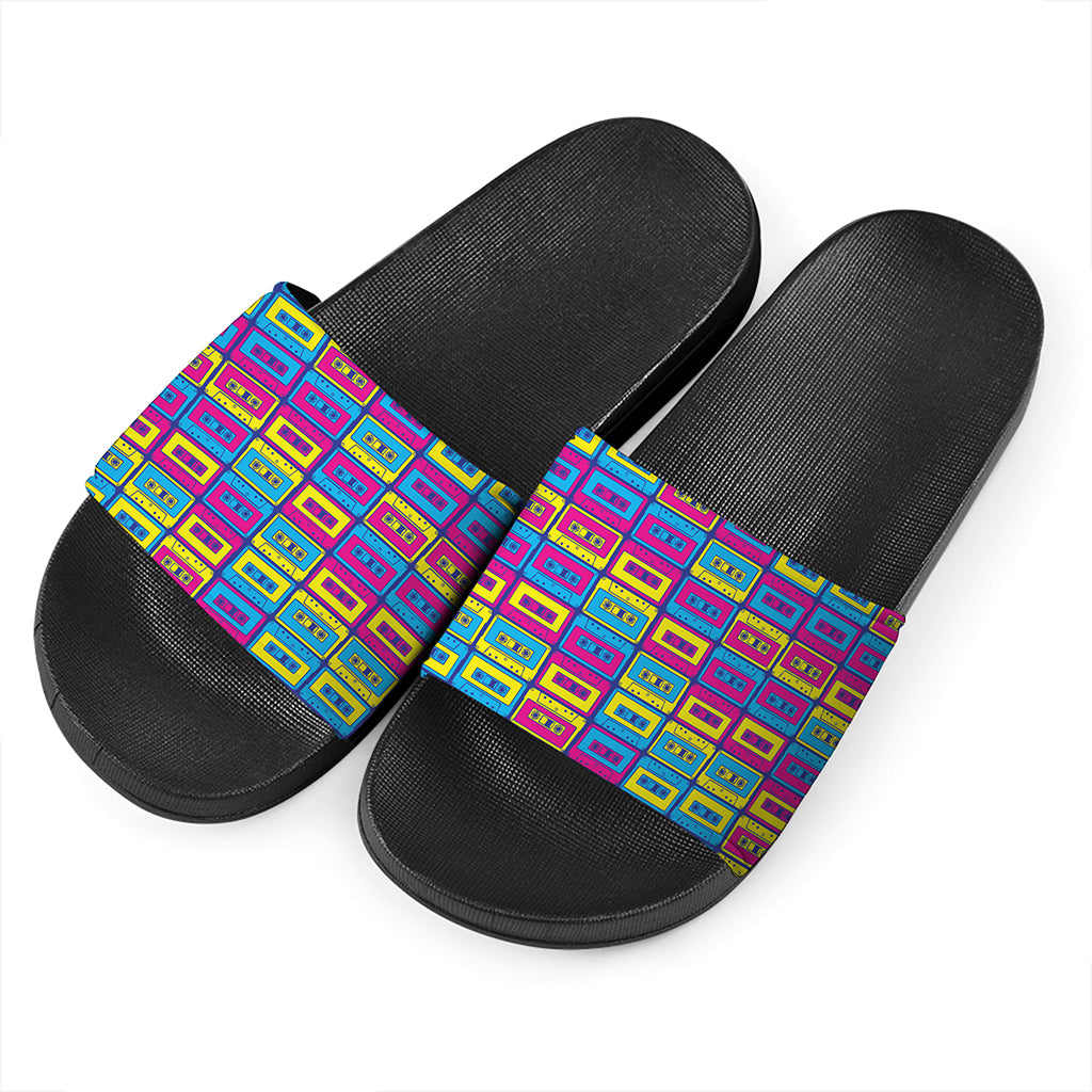 Colorful Cassette Tape Print Black Slide Sandals