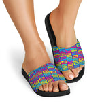 Colorful Cassette Tape Print Black Slide Sandals