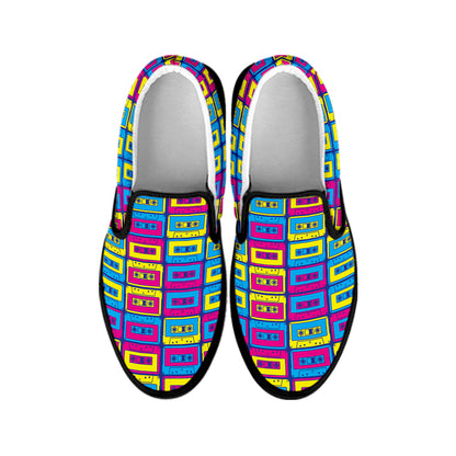 Colorful Cassette Tape Print Black Slip On Shoes