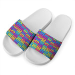 Colorful Cassette Tape Print White Slide Sandals
