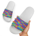 Colorful Cassette Tape Print White Slide Sandals