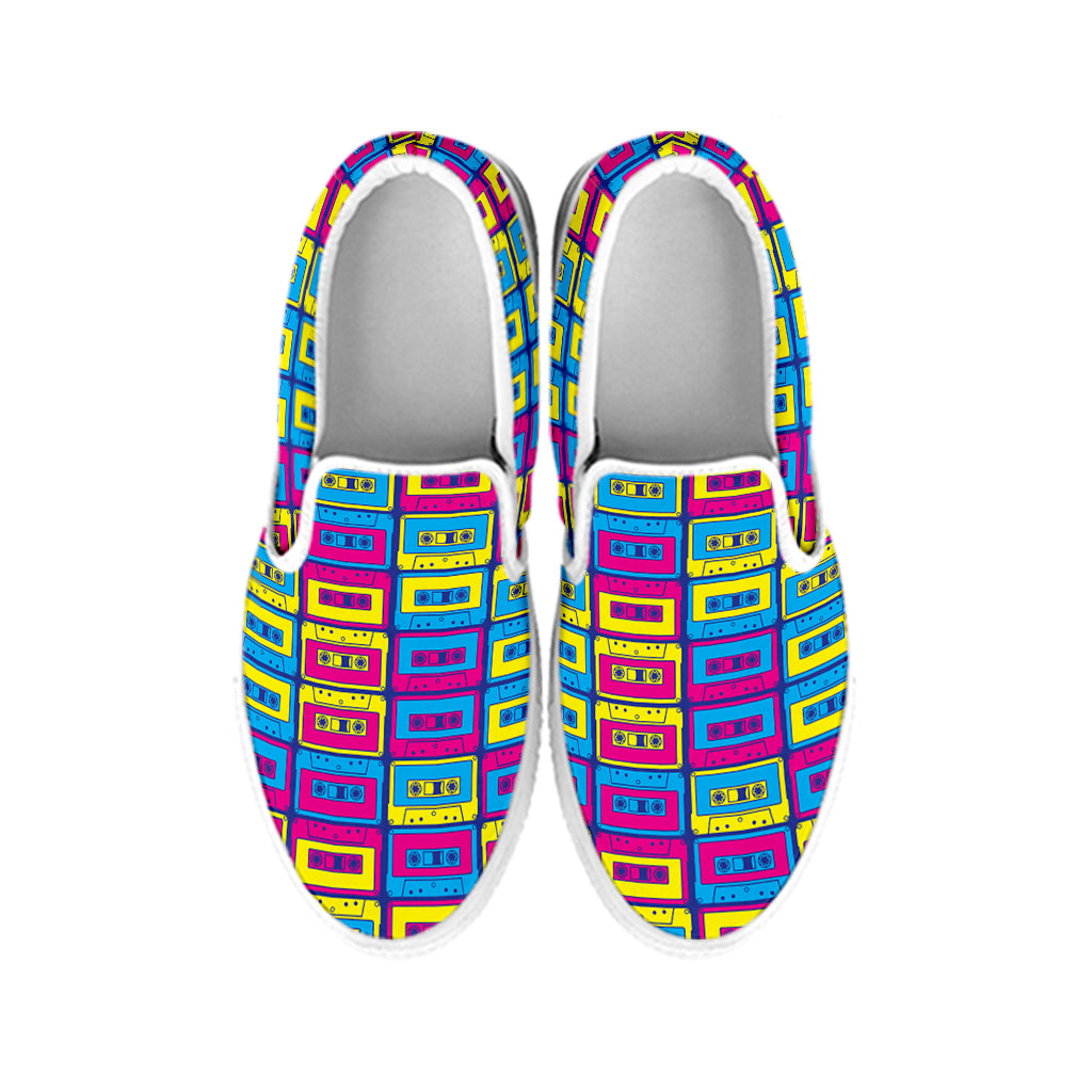 Colorful Cassette Tape Print White Slip On Shoes