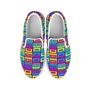 Colorful Cassette Tape Print White Slip On Shoes