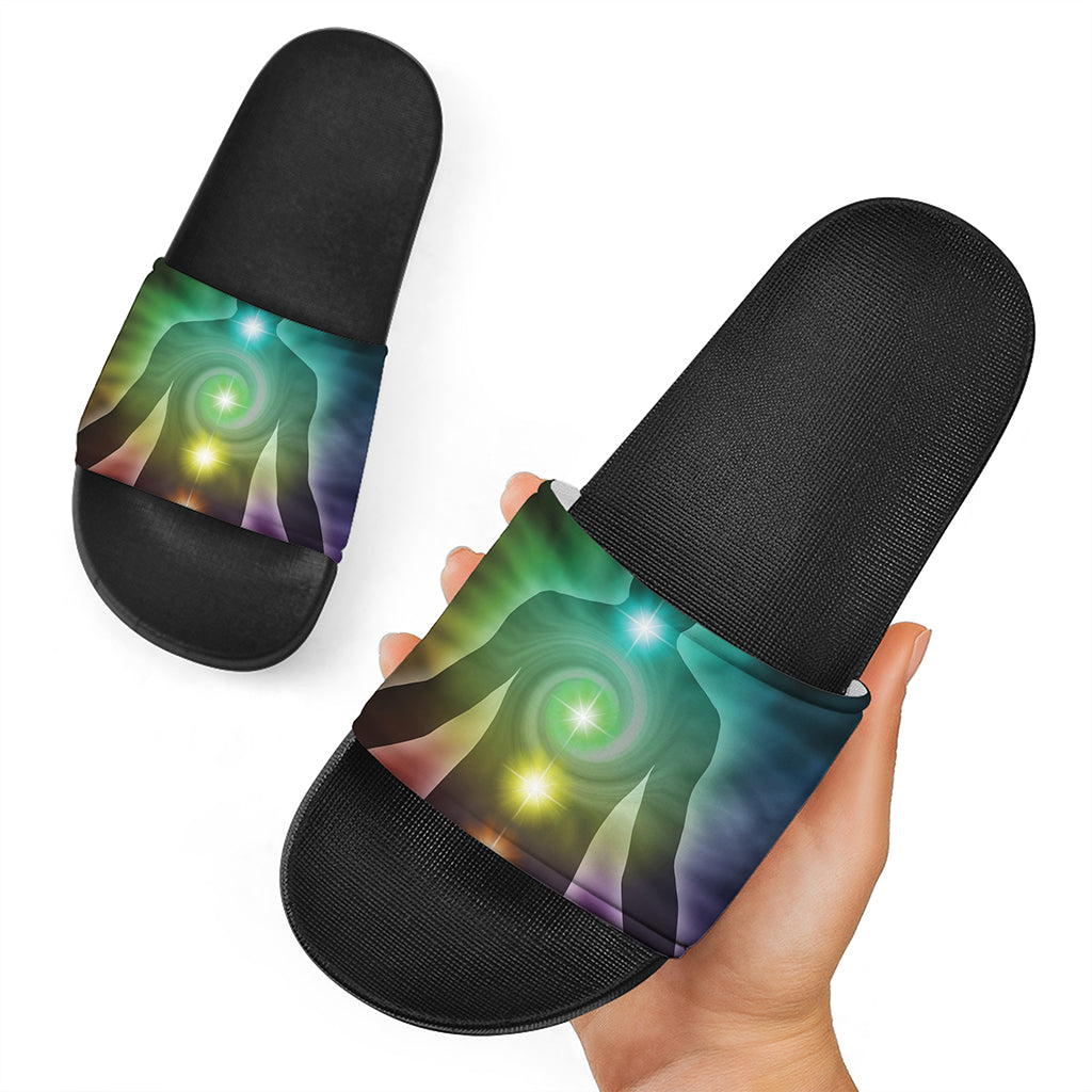 Colorful Chakras Aura Print Black Slide Sandals