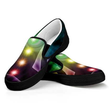 Colorful Chakras Aura Print Black Slip On Shoes