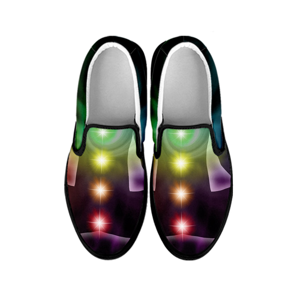 Colorful Chakras Aura Print Black Slip On Shoes