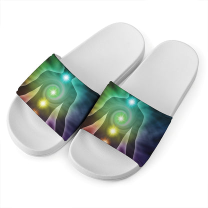 Colorful Chakras Aura Print White Slide Sandals