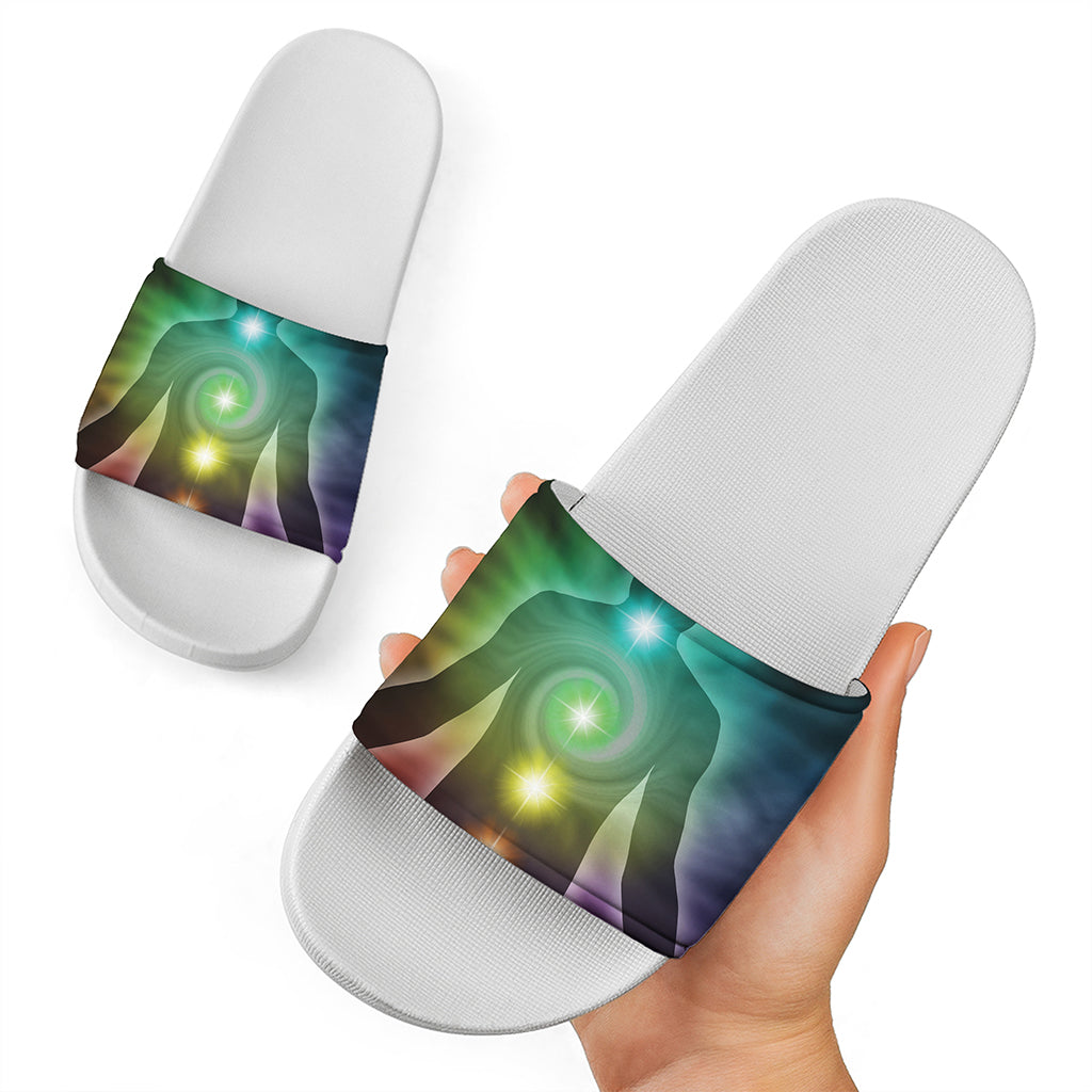 Colorful Chakras Aura Print White Slide Sandals