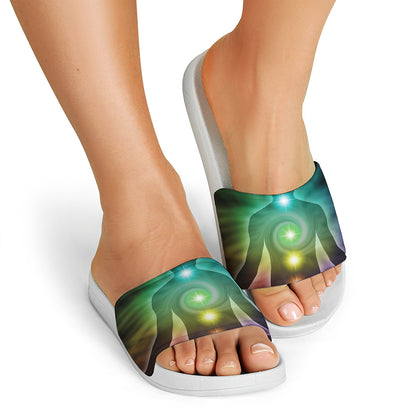 Colorful Chakras Aura Print White Slide Sandals