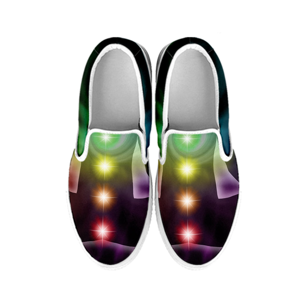 Colorful Chakras Aura Print White Slip On Shoes