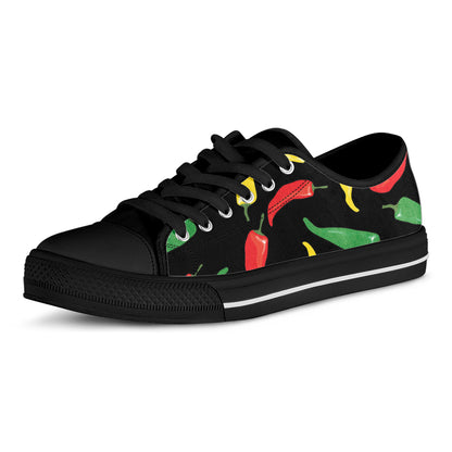 Colorful Chili Peppers Pattern Print Black Low Top Shoes