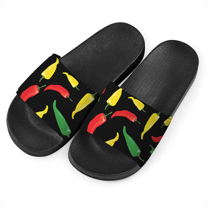 Colorful Chili Peppers Pattern Print Black Slide Sandals