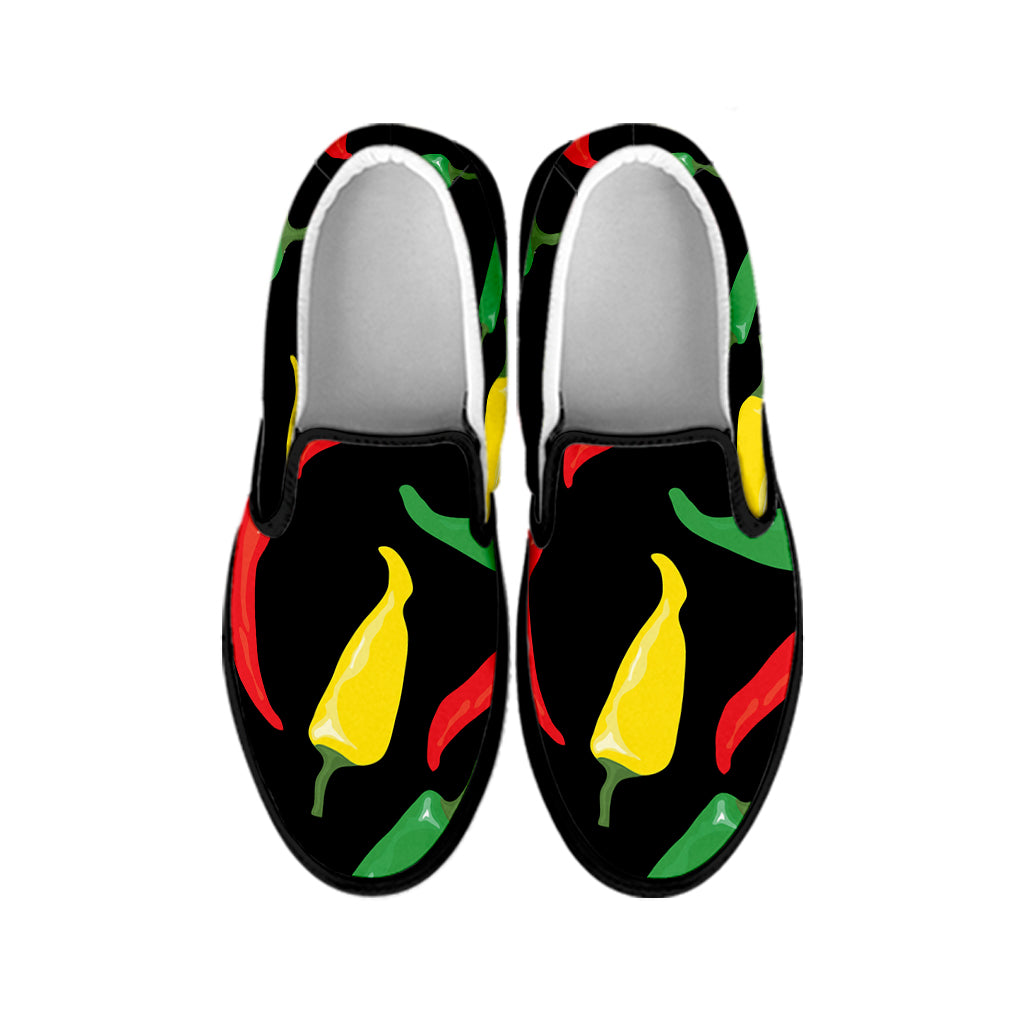 Colorful Chili Peppers Pattern Print Black Slip On Shoes