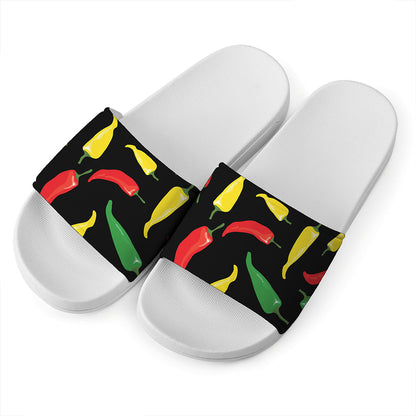 Colorful Chili Peppers Pattern Print White Slide Sandals
