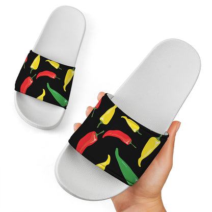 Colorful Chili Peppers Pattern Print White Slide Sandals