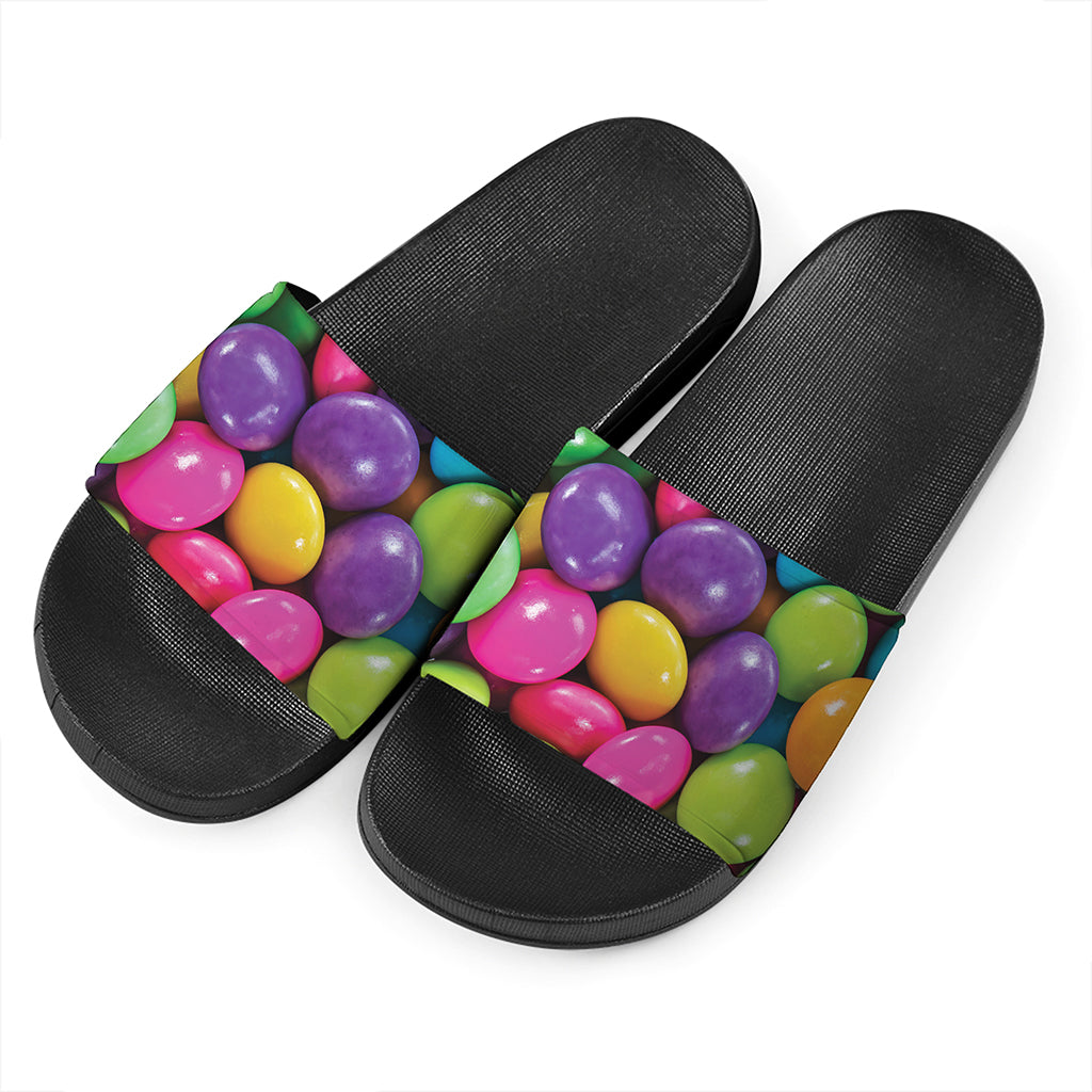 Colorful Chocolate Candy Print Black Slide Sandals