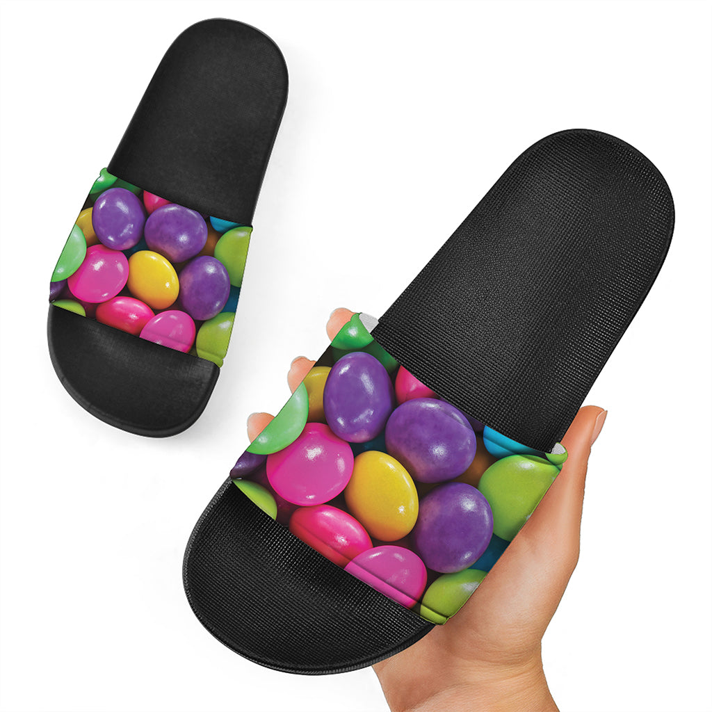 Colorful Chocolate Candy Print Black Slide Sandals