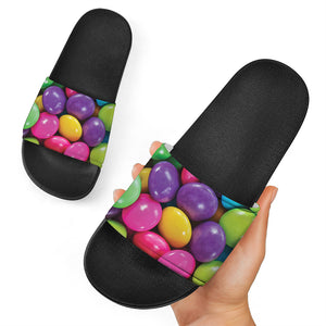 Colorful Chocolate Candy Print Black Slide Sandals