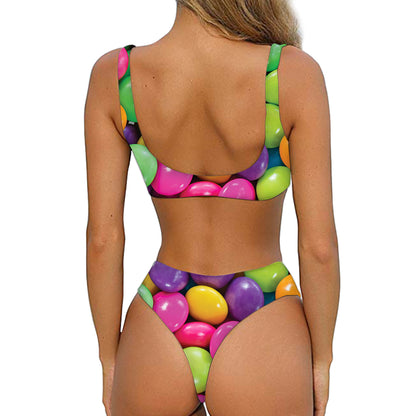 Colorful Chocolate Candy Print Front Bow Tie Bikini