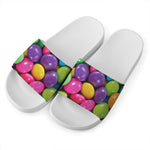 Colorful Chocolate Candy Print White Slide Sandals