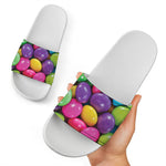 Colorful Chocolate Candy Print White Slide Sandals