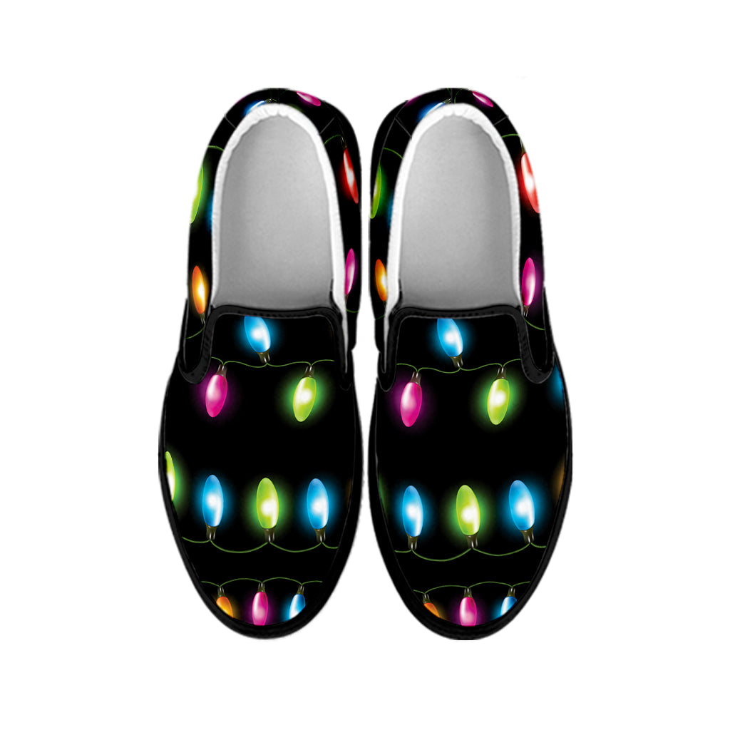 Colorful Christmas Lights Print Black Slip On Shoes