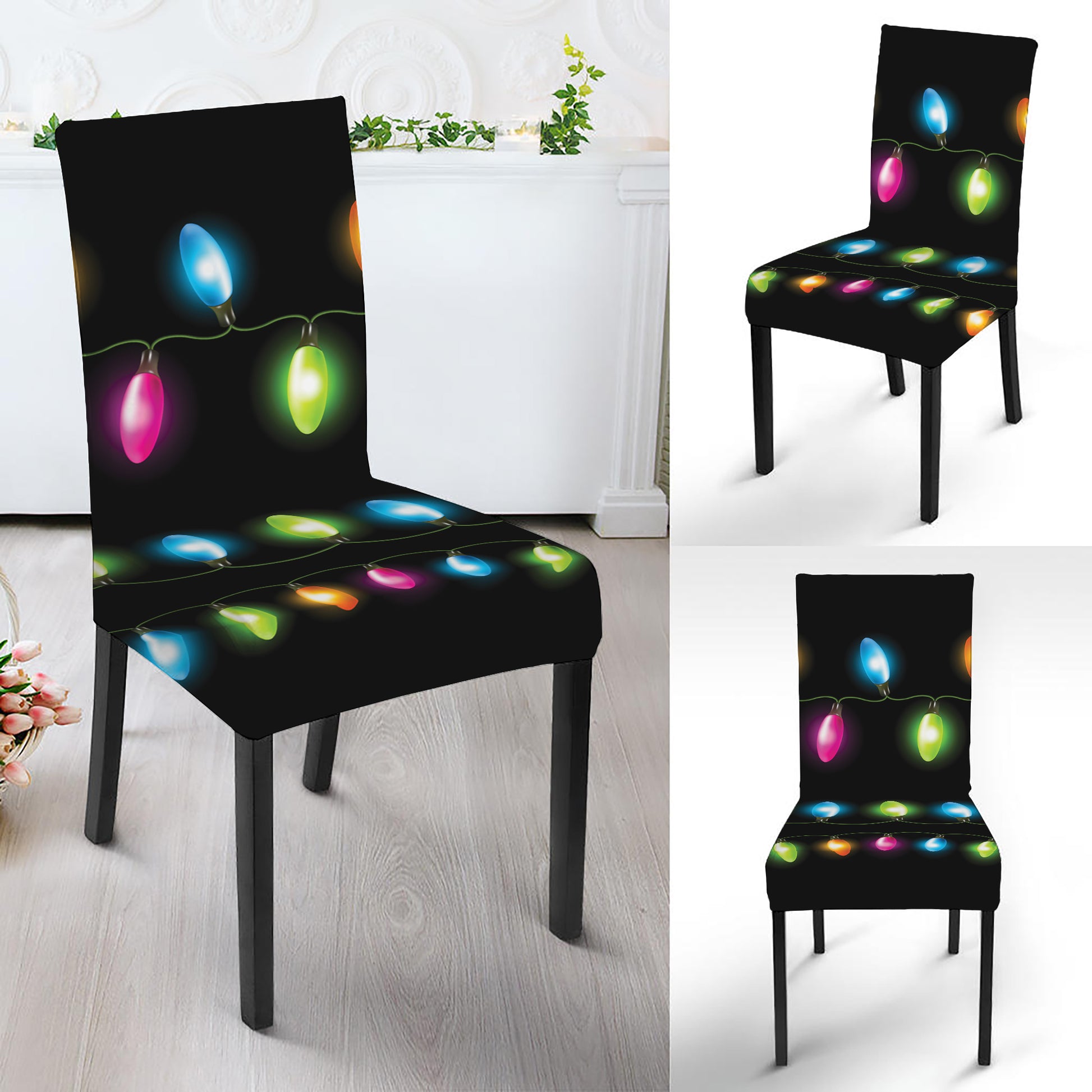Colorful Christmas Lights Print Dining Chair Slipcover