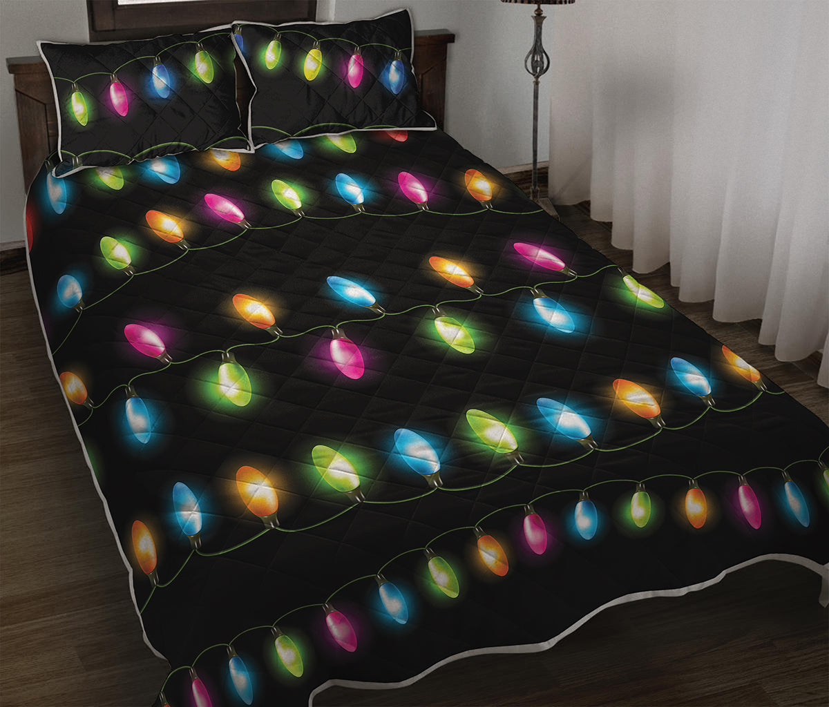 Colorful Christmas Lights Print Quilt Bed Set