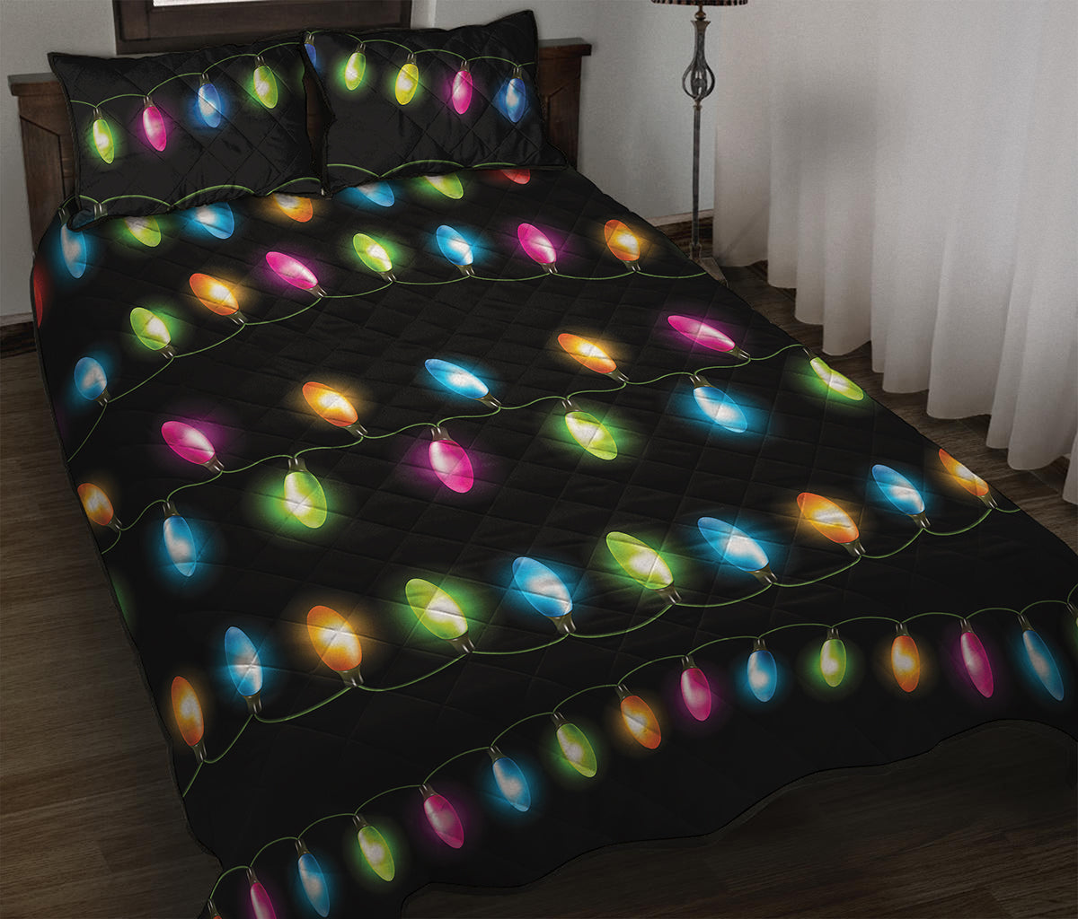 Colorful Christmas Lights Print Quilt Bed Set