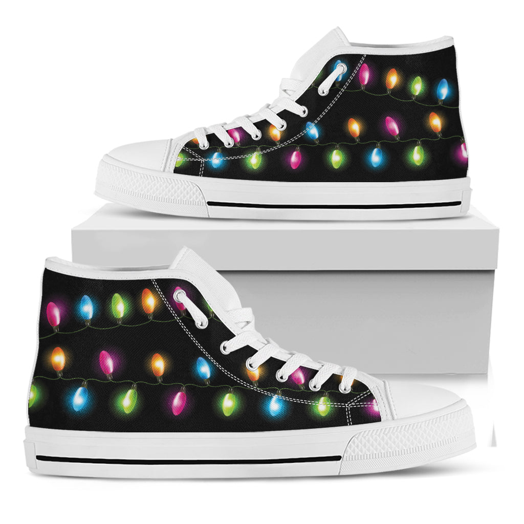Colorful Christmas Lights Print White High Top Shoes