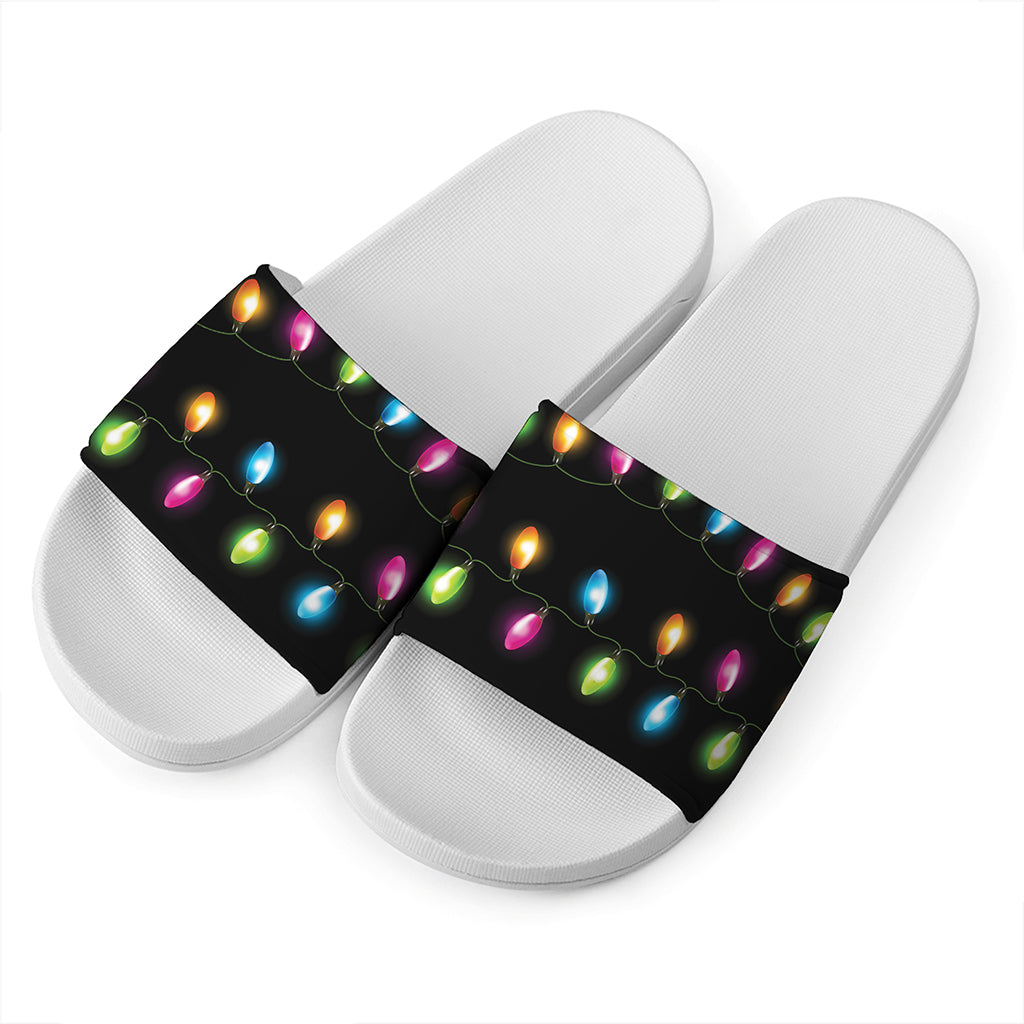 Colorful Christmas Lights Print White Slide Sandals