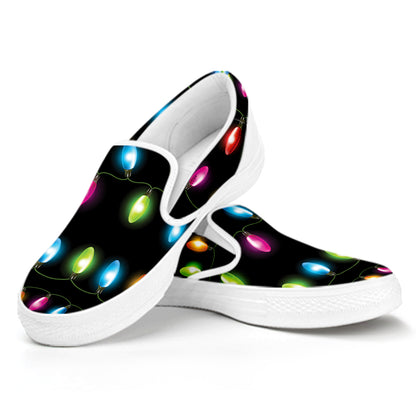 Colorful Christmas Lights Print White Slip On Shoes