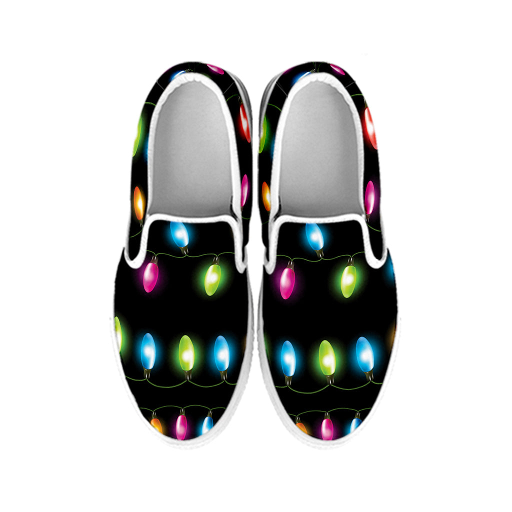 Colorful Christmas Lights Print White Slip On Shoes