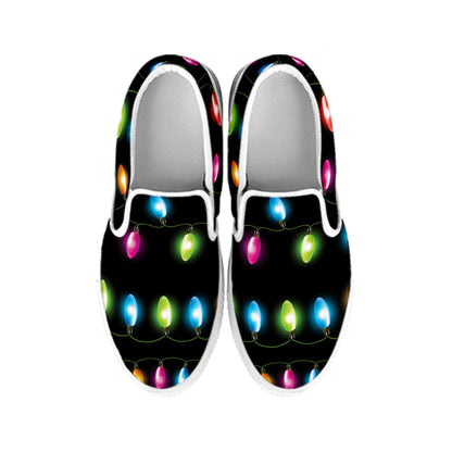 Colorful Christmas Lights Print White Slip On Shoes