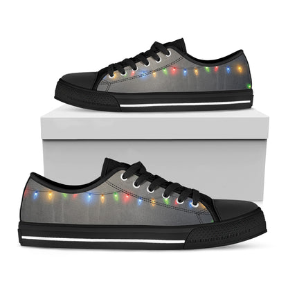 Colorful Christmas String Lights Print Black Low Top Shoes
