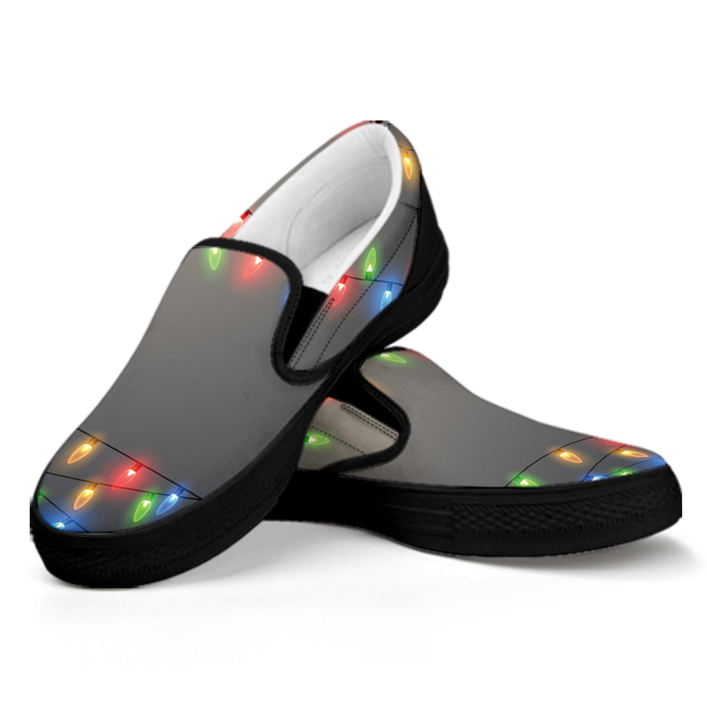Colorful Christmas String Lights Print Black Slip On Shoes