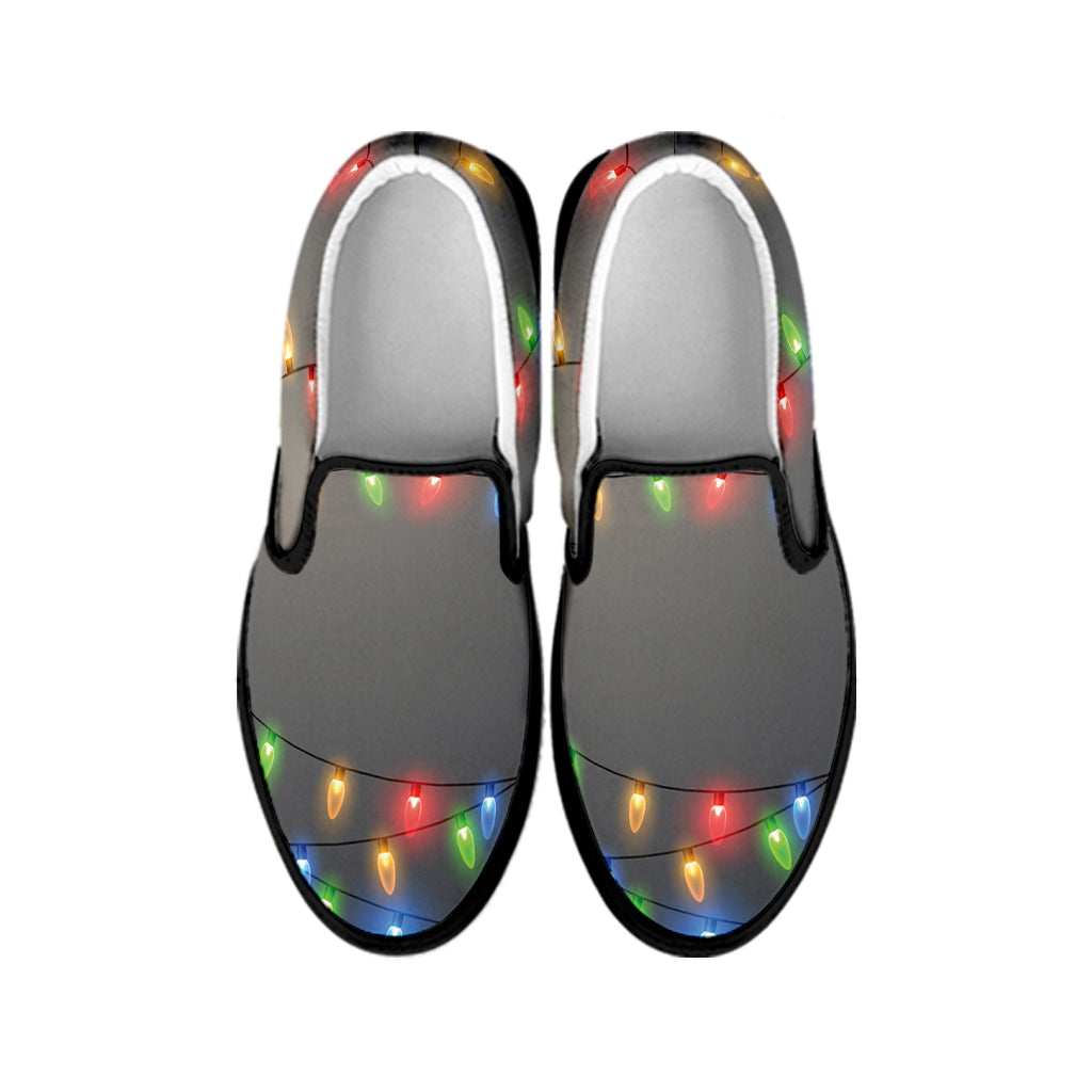 Colorful Christmas String Lights Print Black Slip On Shoes