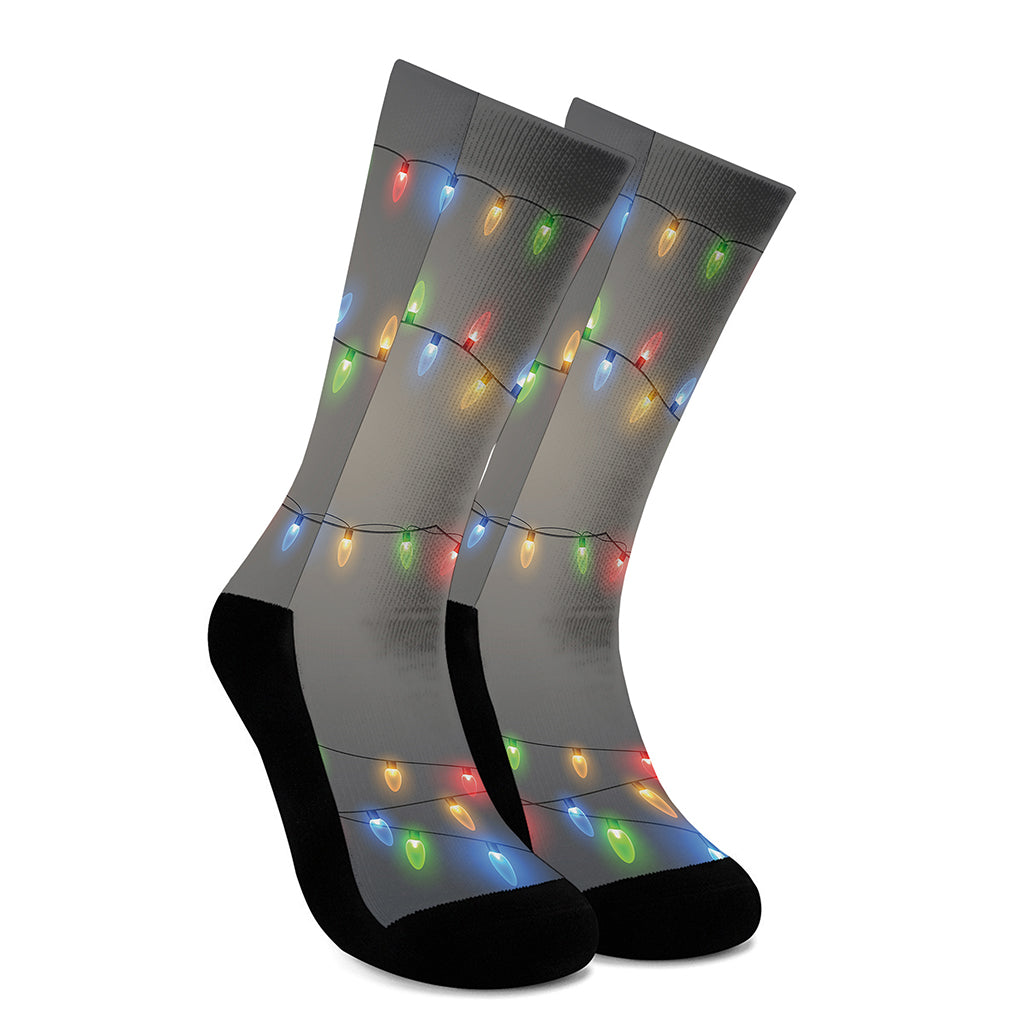 Colorful Christmas String Lights Print Crew Socks