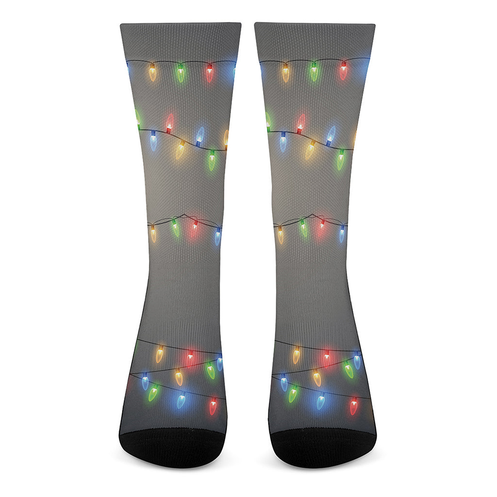 Colorful Christmas String Lights Print Crew Socks