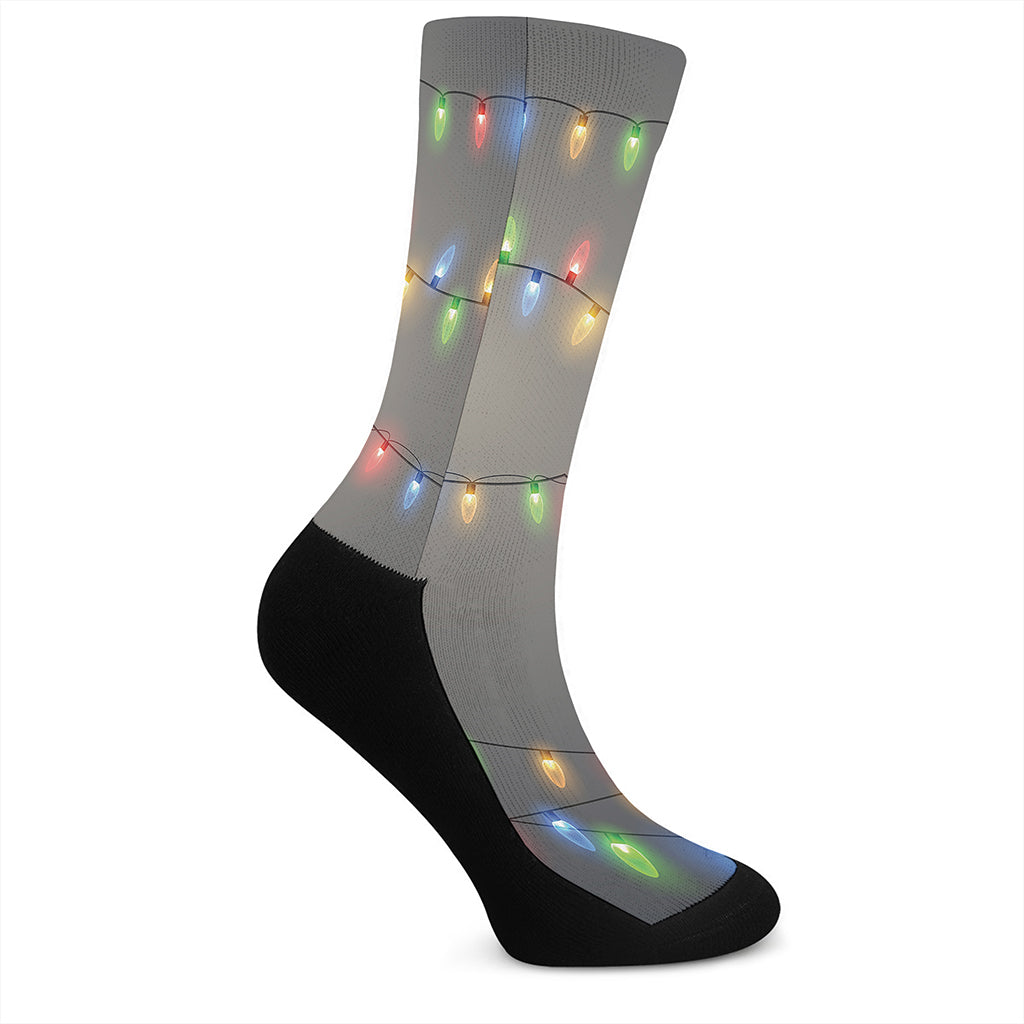 Colorful Christmas String Lights Print Crew Socks