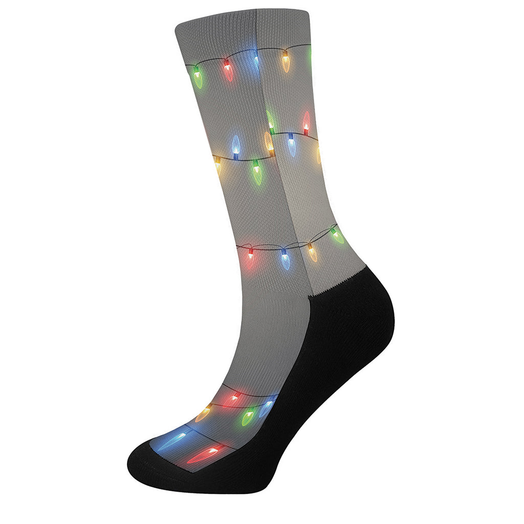 Colorful Christmas String Lights Print Crew Socks