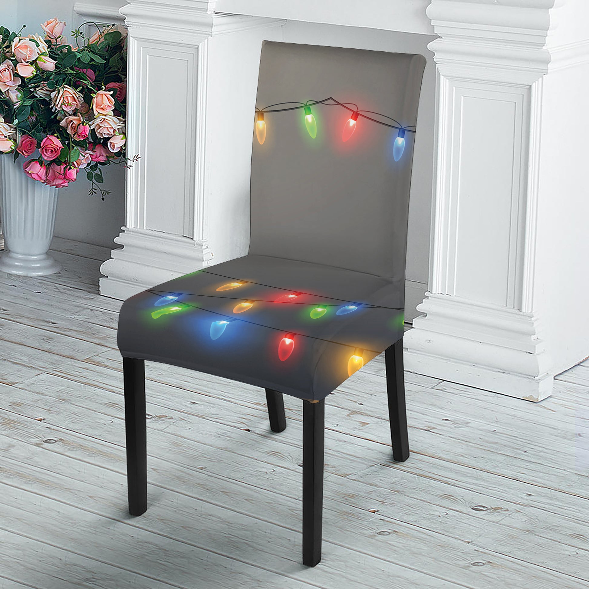 Colorful Christmas String Lights Print Dining Chair Slipcover