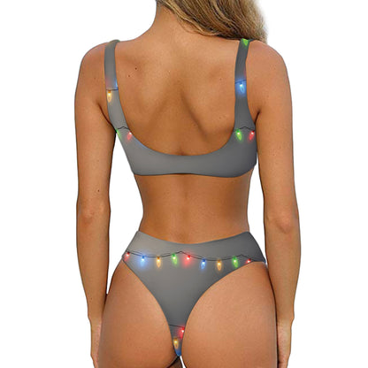 Colorful Christmas String Lights Print Front Bow Tie Bikini